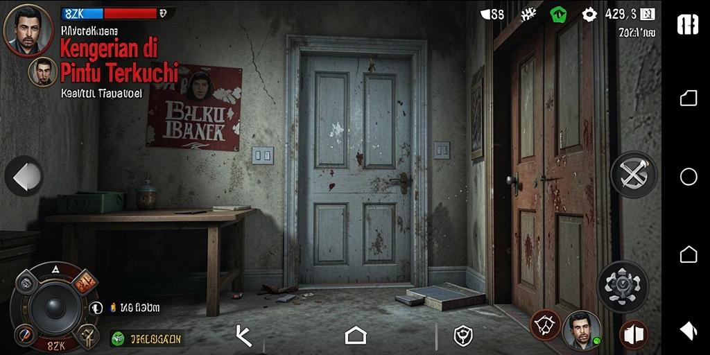 Screenshot gameplay 8ZK menampilkan suasana mencekam saat menjelajahi area gelap.