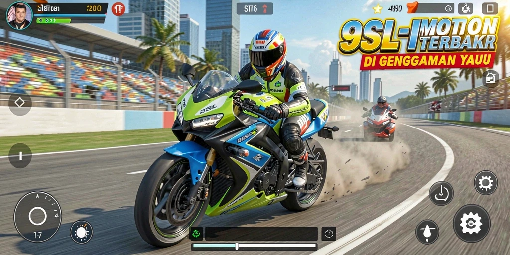 Tangkapan layar utama 9SL menampilkan aksi balapan motor yang seru.