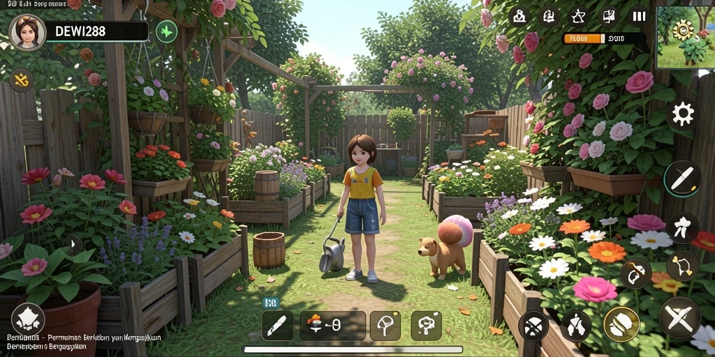 Tampilan gameplay <strong>DEWI288</strong> saat mengelola kebun yang subur dan indah.