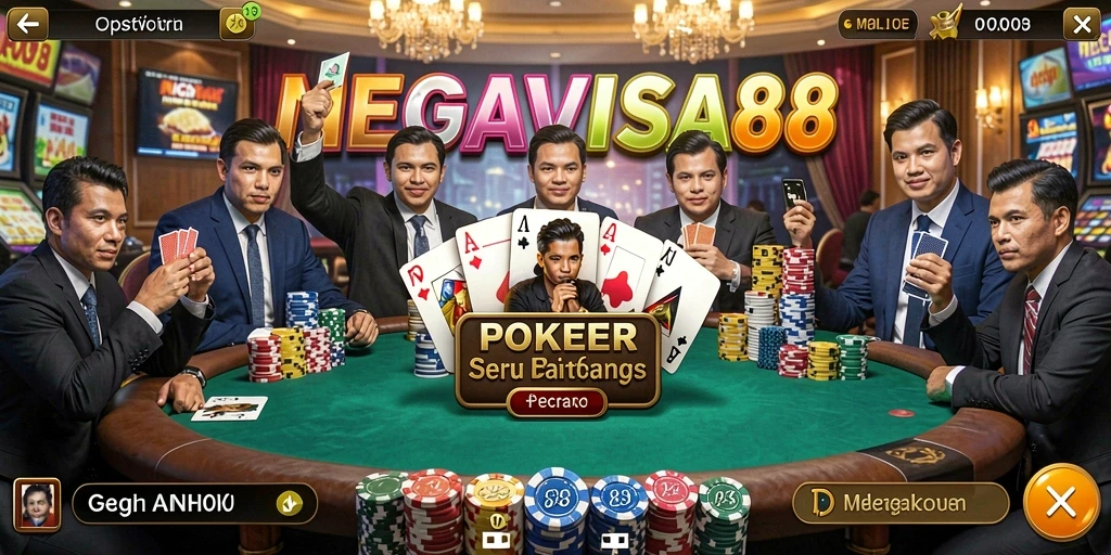 Tampilan gameplay seru poker di MEGAVISA88 dengan dealer dan pemain aktif.