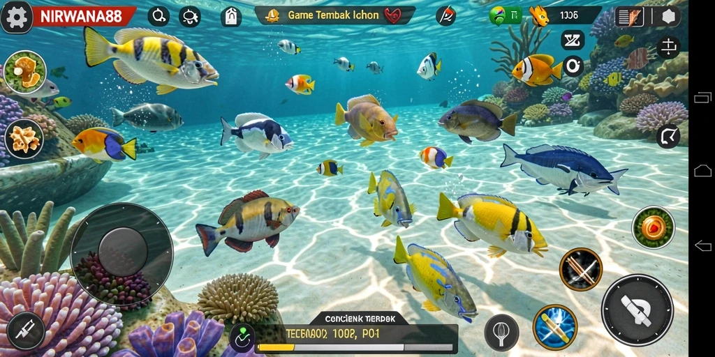 Gameplay seru NIRWANA88 menembak ikan-ikan berwarna-warni.