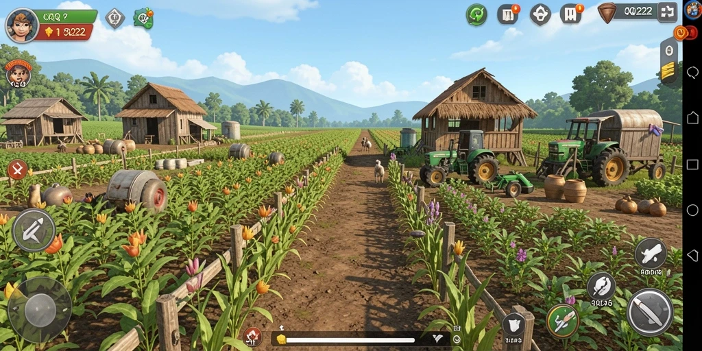 Tampilan gameplay QQ222 yang menampilkan aktivitas pertanian.