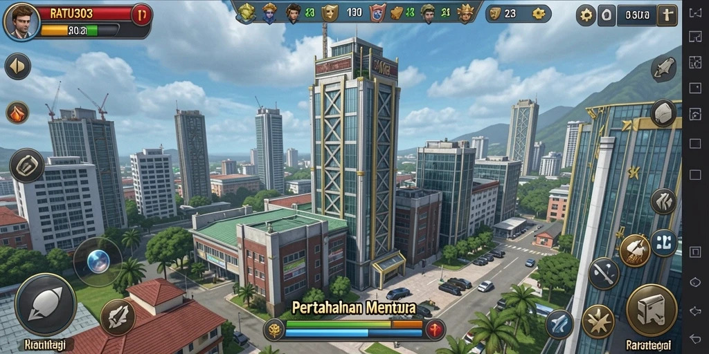 Tampilan gameplay menara dengan pertarungan epik melawan musuh.