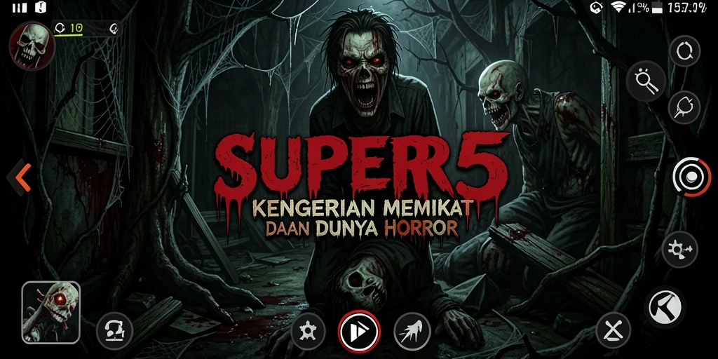 Tampilan gameplay <strong>SUPER5</strong> yang menegangkan dan menakutkan, penuh dengan elemen horor.