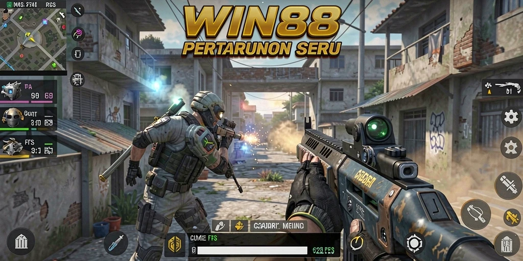 Screenshot gameplay WIN88 menunjukkan aksi seru dalam pertempuran FPS.